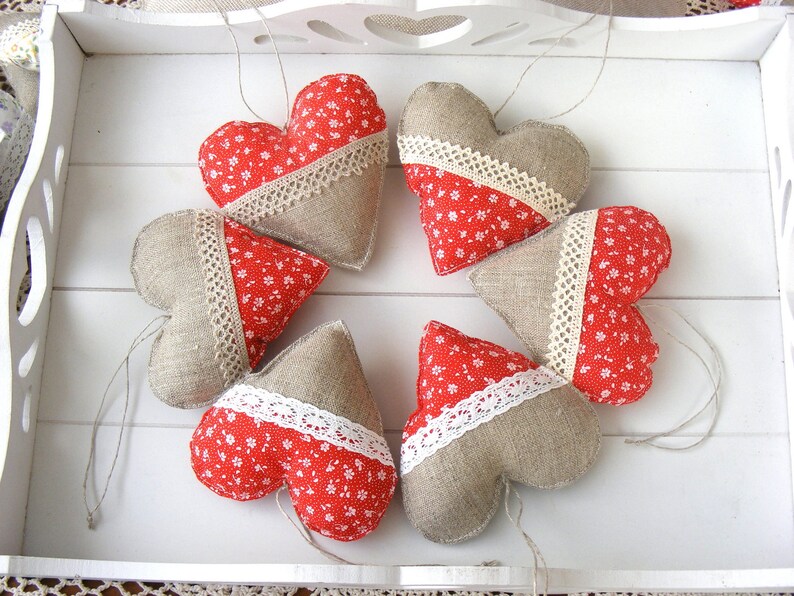 Set Red Floral Heart Wall Hanging Decor Linen Heart Rustic Etsy