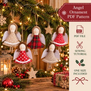 Patrón de costura fácil de ángel navideño para principiantes, PDF de adorno de tela para hacer tú mismo, idea de regalo navideño hecho a mano, tutorial sencillo de manualidades navideñas.