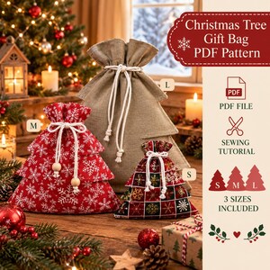 Patrón PDF de bolsa de regalo con forma de árbol de Navidad, tutorial de costura en 3 tamaños, patrón de bolsa de tela navideña,