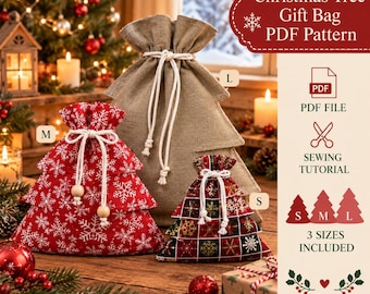 Christmas Tree Gift Bag PDF Pattern, 3 Sizes Sewing Tutorial, Holiday Fabric Bag Pattern,
