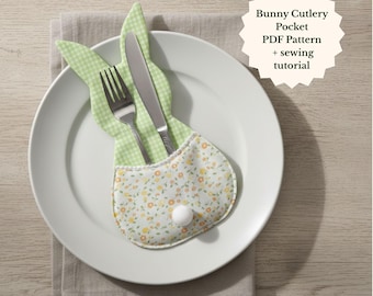 Bunny Cutlery Pocket Sewing Pattern PDF, Easter Table Decor Tutorial, DIY Fabric Utensil Holder