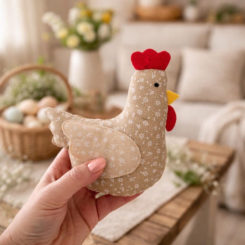 May include: A stuffed chicken toy with a red comb and wattle, yellow beak, and black eyes. The chicken is made of tan fabric with a white floral pattern and tan wings. The toy is held in a person's hand.