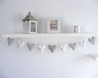 Grey White Heart Fabric Garland Gender Neutral Nursery Decor, Kids Room Decor Nursery Bunting