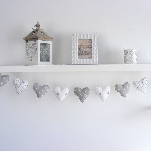 Grey White Heart Fabric Garland Gender Neutral Nursery Decor, Kids Room Decor Nursery Bunting