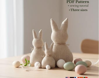 Rustic Linen Bunny Sewing Pattern PDF, Primitive Easter Decor, Stuffed Fabric Rabbit, 3 Sizes