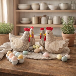 Farmhouse Easter decor with small sewn fabric chickens, pastel eggs, ceramic egg holder and neutral wooden kitchen shelves background.
