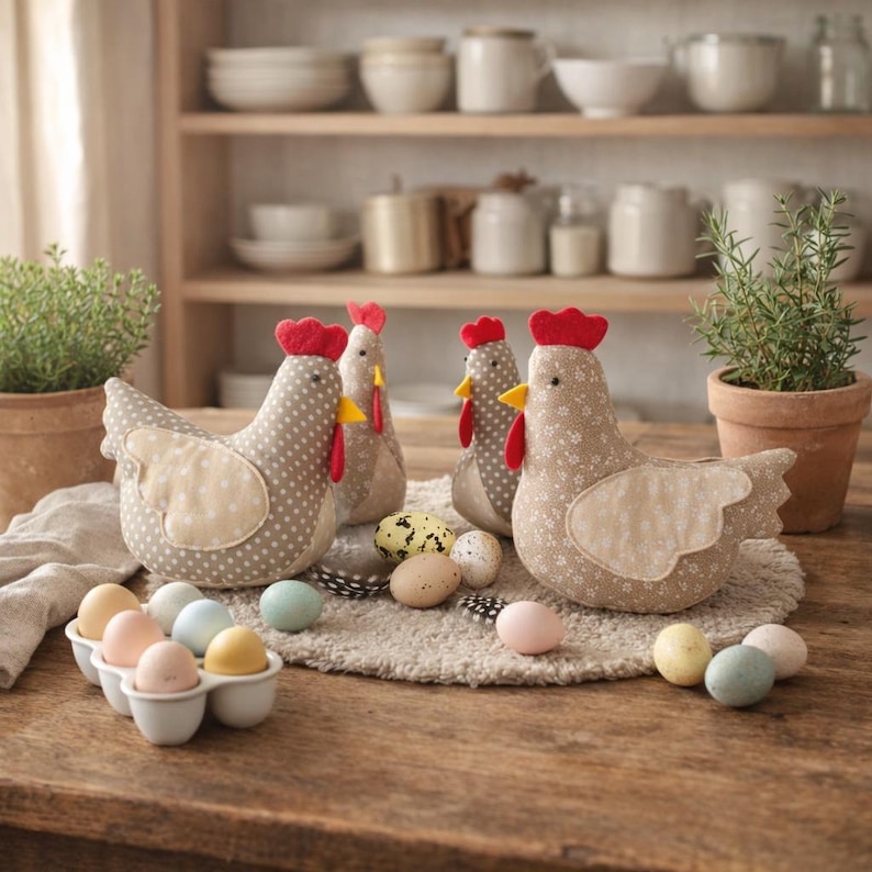 Farmhouse Easter decor with small sewn fabric chickens, pastel eggs, ceramic egg holder and neutral wooden kitchen shelves background.