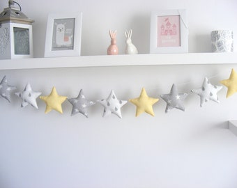 Guirnalda de estrellas para colgar en la pared, guirnalda blanca, gris y amarilla, pancarta para bebé, decoración para guardería, decoración para habitación de niñas y niños, estrellita centelleante,