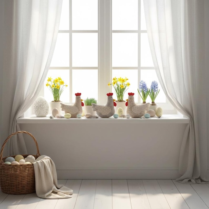 May include: A bright, airy window display featuring Easter decor. Includes decorative hen figures, potted flowers, and a basket filled with pastel-colored eggs. The scene is set against a white window and sheer curtains, creating a soft, inviting atmosphere.