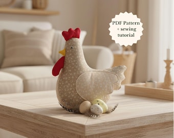 Fabric Chicken Sewing Pattern PDF, Easy Farmhouse Easter Hen Tutorial for Beginners