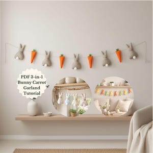 Puede incluir: Una guirnalda de Pascua hecha a mano con forma de conejos y zanahorias. La guirnalda presenta conejos grises con colas de pompón blancas y zanahorias naranjas. El texto "PDF 3-in-1 Bunny Carrot Garland Tutorial" es visible.