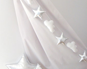 Guirnalda de estrellas plateadas, guirnalda de nubes, colgante de pared, pancarta para bebé, decoración para guardería, decoración para habitación de niños, pequeña estrella centelleante,