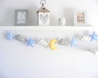 Sterren Garland Cloud Garland Blue Room Decor, Fabric Garland Boy Nursery Decor, Muurophanging, Twinkle Little Star
