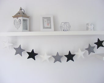 Guirnalda de estrellas para colgar en la pared, guirnalda blanca, gris y negra, pancarta para bebé, decoración para guardería, decoración para habitación de niñas y niños, estrellita centelleante,