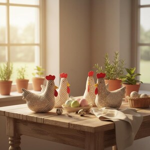 May include: A rustic wooden table displays several fabric chicken figurines with red combs and yellow beaks. A small basket holds eggs, and a bowl contains colorful eggs. The scene is set near a window with potted plants.