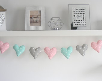 Corazón tela guirnalda vivero decoración rosa menta gris niños habitación decoración vivero empavesado