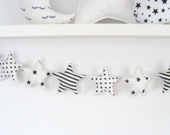 Guirnalda de estrellas, guirnalda blanca y negra, decoración para guardería, colgante de pared, guirnalda de tela de estrellita brillante, habitación monocromática para niños