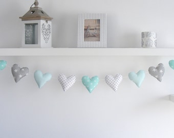 Pastel Mint Heart Fabric Garland Genderneutraal kinderkamer decor, kinderkamer decor kinderkamer Bunting