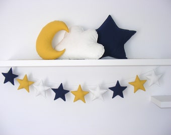 Sternengirlande Senf Weiß Marine Blau Set Kissen Raumdeko Stoff Girlande Junge Kinderzimmer Dekor Wandbehang Twinkle Little Star