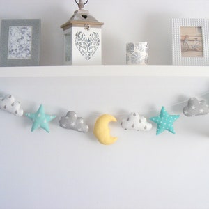 Stars Garland Cloud Garland Mint Room Decor, Fabric Garland Boy Nursery Decor, Wall Hanging, Twinkle Little Star