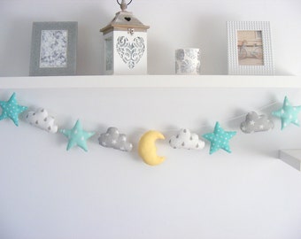 Stars Garland Cloud Garland Mint Room Decor, Fabric Garland Boy Nursery Decor, Wall Hanging, Twinkle Little Star