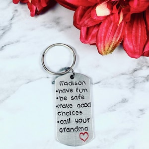 Have fun, be safe, all your mom or any name Keychain from mom/dad/grandma/etc College bound kid gift Teenager gift New Driver Gift Recipient Name @ Top