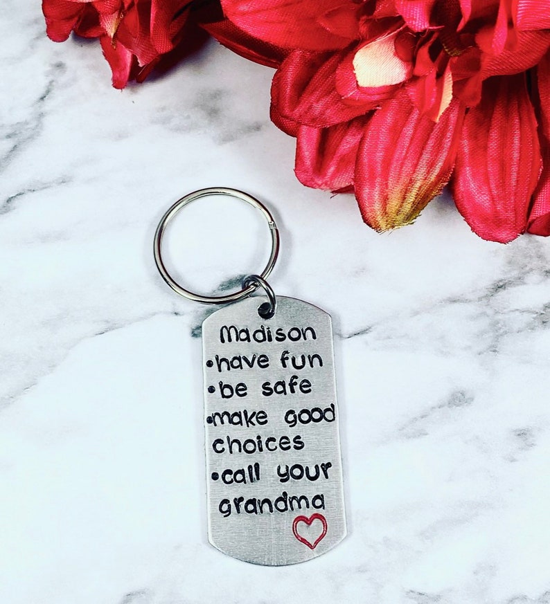 Have fun, be safe, all your mom or any name Keychain from mom/dad/grandma/etc College bound kid gift Teenager gift New Driver Gift Recipient Name @ Top