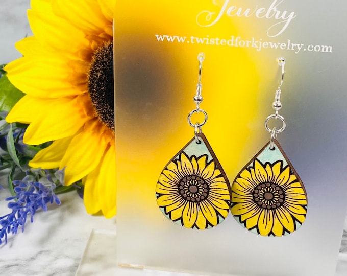 Hand painted sunflower teardrop earrings- Wood earrings - Laser engraved earrings