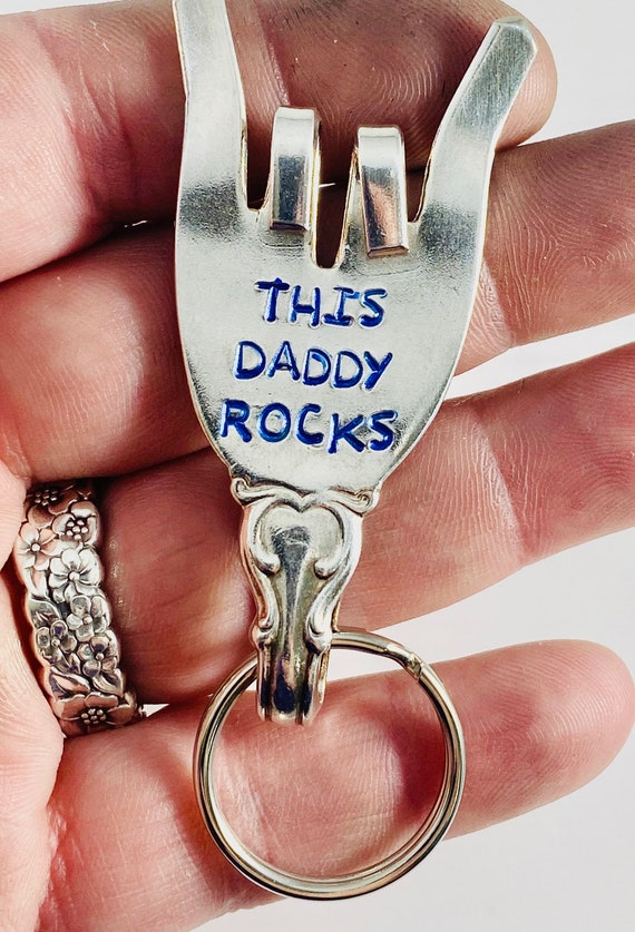 This daddy rocks! hand stamped fork keychain! Makes a great Father’s Day gift