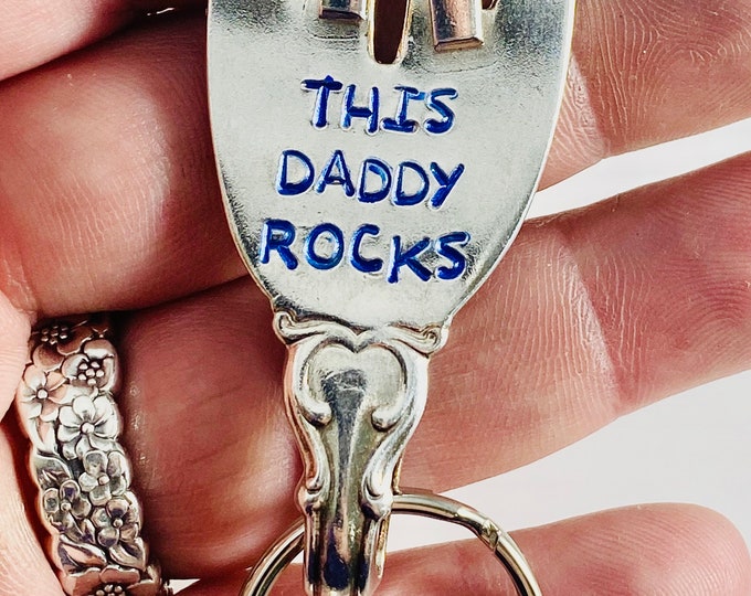 This daddy rocks! hand stamped fork keychain! Makes a great Father’s Day gift