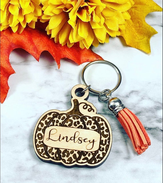 Personalized Leopard Pumpkin Keychain with tassel - Fall keychain