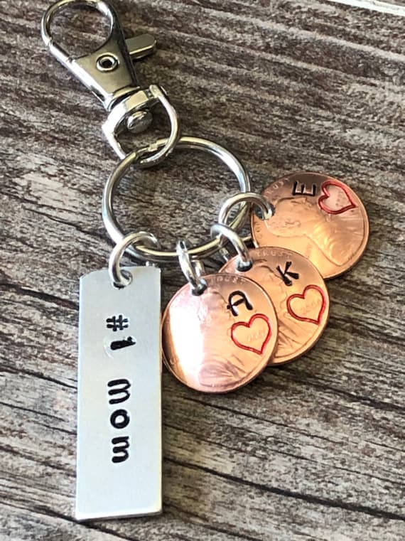 Dad/Grandpa Keychain with penny from child's birthyear (includes first letter of their name above heart!) - Name Keychain