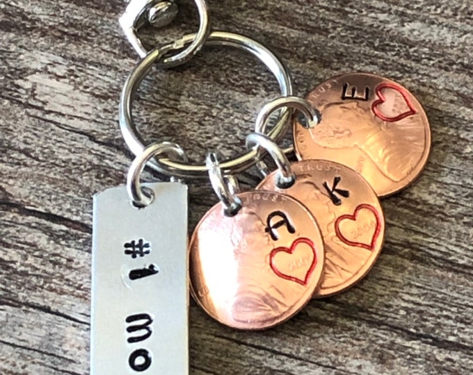 Dad/Grandpa Keychain with penny from child's birthyear (includes first letter of their name above heart!) - Name Keychain