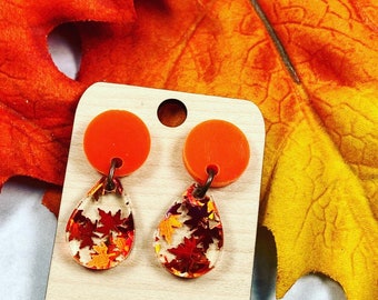 Fall Leaf Teardrop Stud Earrings: Acrylic Autumn Jewelry