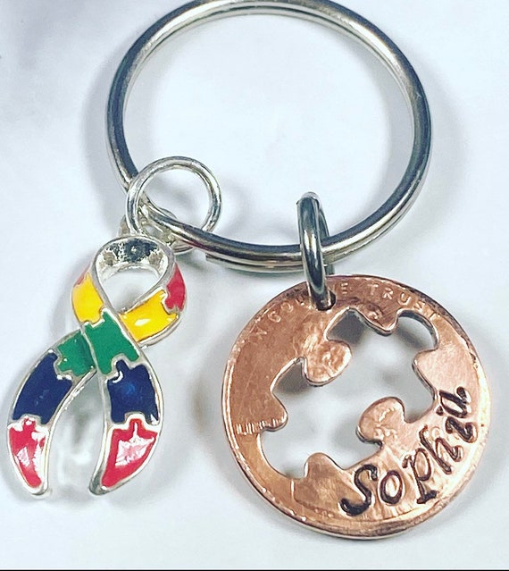 Autism Awareness Keychain - Personalized Autism Keychain - Penny puzzle piece keychain -Autism Ribbon