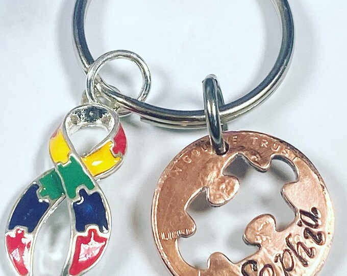 Autism Awareness Keychain - Personalized Autism Keychain - Penny puzzle piece keychain -Autism Ribbon