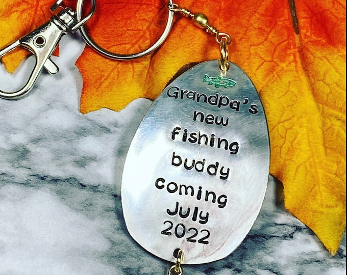 Fishing - Fisherman Pregnancy Announcement - Spoon Pregnancy Announcement keychain - Can be any name - Fishing Pregnancy Announcement