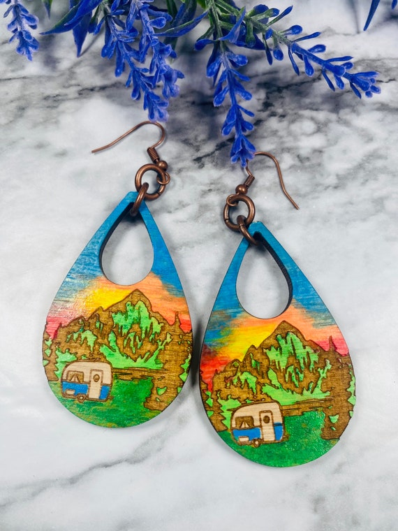 Hand painted camper earrings - Wood Earrings -Camping Earrings