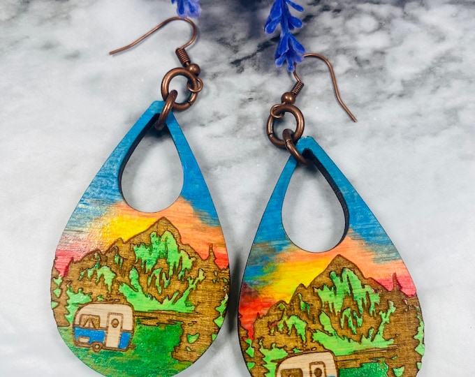 Hand painted camper earrings - Wood Earrings -Camping Earrings