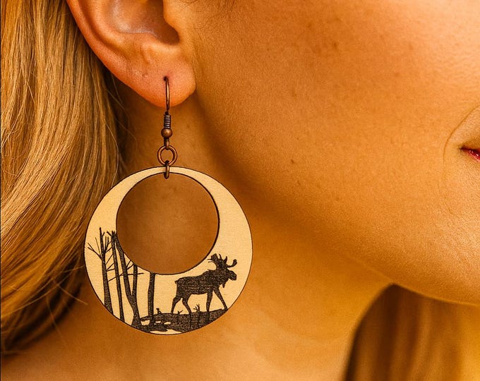 Moose Earrings- Laser Engraved Moose- Wood Earrings -Wildlife Earrings