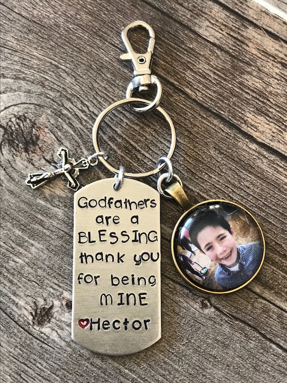 Godfather/Godmother Keychain! Personalized with your childs picture and hand stamped name!