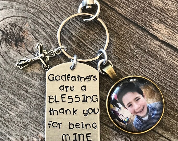 Godfather/Godmother Keychain! Personalized with your childs picture and hand stamped name!