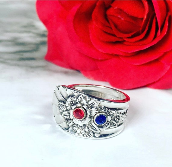 Red and Blue - CHD (congenital heart defect) ring made from a vintage silver plated spoon handle