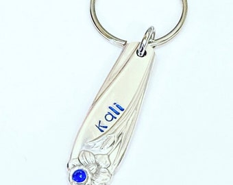 Personalized Daffodil Keychain: Vintage Silverware, Birthstone Charm