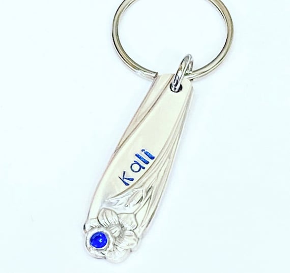 Personalized Keychain with Birthstone and Name - Silverware Keychain - Daffodil Keychain