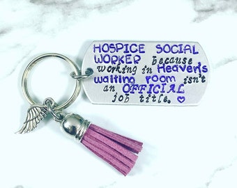 Hospice Social Worker Keychain: Hand Stamped Angel Wing Charm