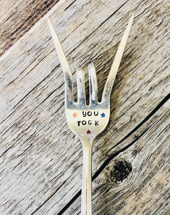 You rock! hand stamped fork gift! Anniversary/Valentines/Every Day hand stamped vintage fork