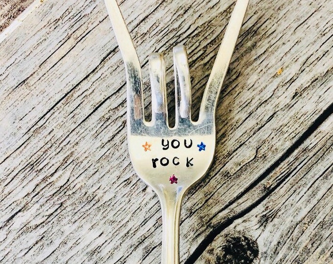 You rock! hand stamped fork gift! Anniversary/Valentines/Every Day hand stamped vintage fork - plant marker