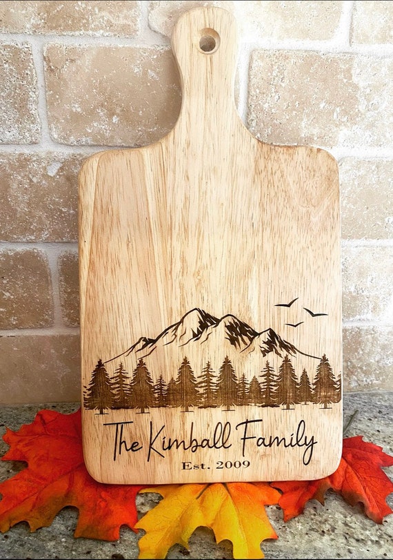 Personalized Cutting Board - Last Name Cutting Board - Mountain and Trees Cutting Board - Housewarming- Wedding - Christmas