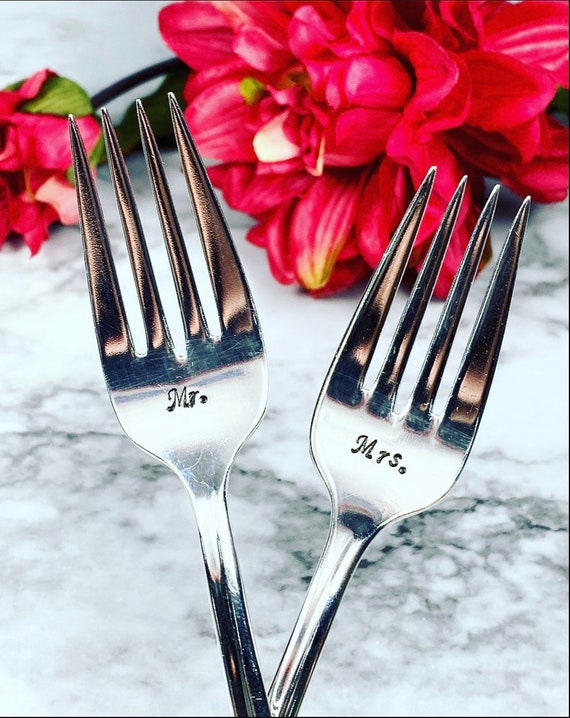 Wedding forks- Wedding Decor - Wedding Accessories - Mr/Mrs -Cute Wedding/Anniversary/Valentines/Every Day hand stamped vintage forks